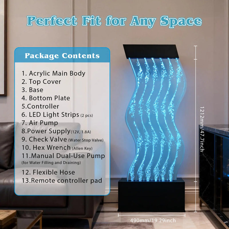 48" S-Curved LED Bubble Wall Fountain (19" Wide)